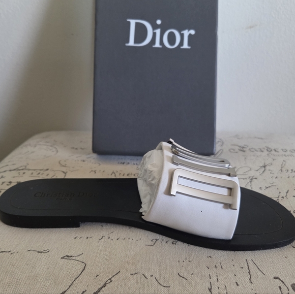 Christian Dior Diorevolution Slide Flat Sandal White Silver Metal Logo Size 8.5 - Picture 5 of 12